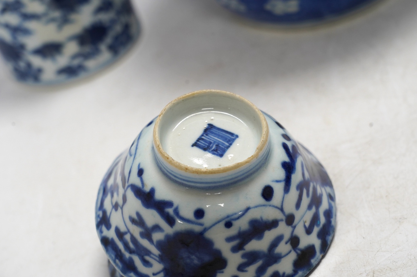 A group of various pieces of Chinese blue and white porcelain, 19th century and later, tallest 36cm. Condition - poor